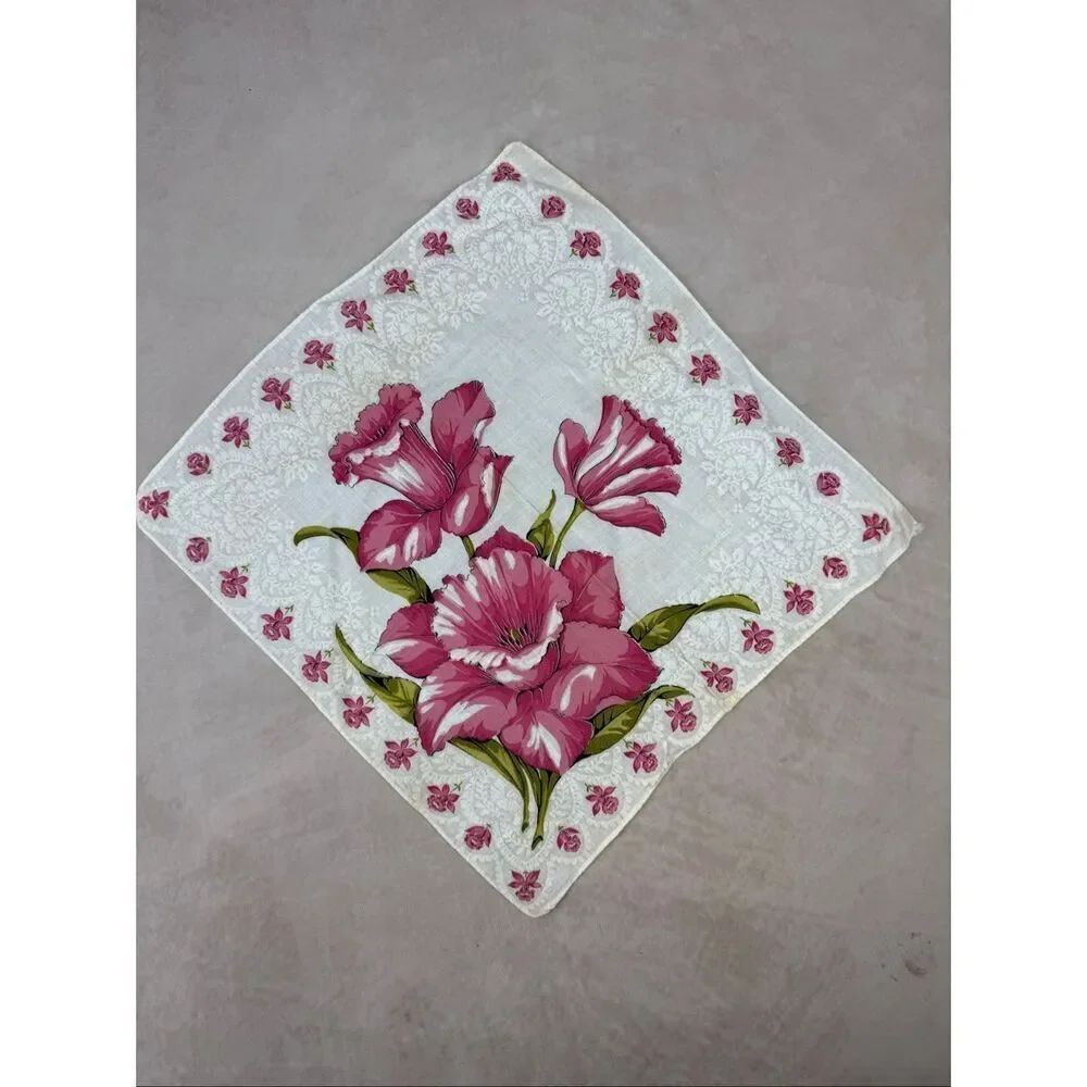 Vintage 1950s Pink Floral Hankie Handkerchief READ